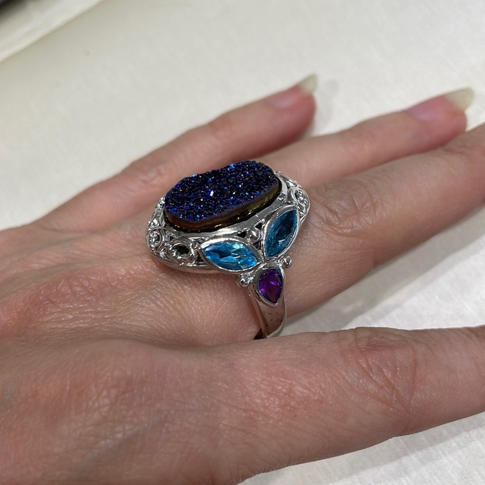 Sterling marked 925, finger size 9.5 drusy quartz, amethyst and topaz ring